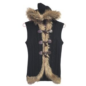 MUDD VINTAGE Y2K Cable knit sweater vest faux fur trim in black McBling size M